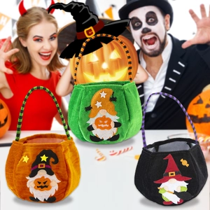 Halloween velvet candy bags with gnome holding pumpkin and striped handles set of 3