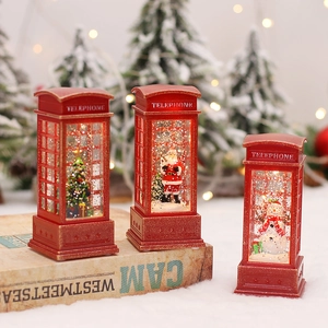 Christmas Telephone Booth LED Lantern Water Filled Glitter Santa Claus Snowman Christmas Tree Battery Operated Retro Red Holiday Desk Ornament Gift