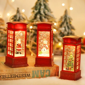 Lighted vintage red Christmas telephone booth globe with Santa and snowman scenes