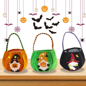 Halloween velvet candy bags set featuring cartoon gnomes with witch hats and pumpkins