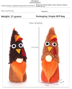 Detail view of lighted Thanksgiving turkey gnome pendants with exact size measurements