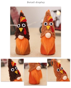 Detail view of plush Thanksgiving turkey gnomes with LED lights and soft faux fur textures