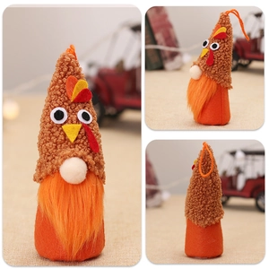 Three-sided view of lighted Thanksgiving turkey gnomes with festive fur and felt details