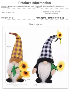 Detail view of sunflower harvest gnomes with dimensions and material specifications