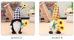Detail view of model A and B sunflower harvest gnomes with checkered hats and plush beards