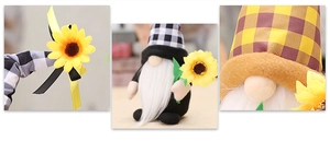 Detail shots of gnome plush with sunflower accents and checkered fabric hats