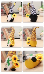 Detail view of harvest gnome with plaid hat, plush beard, and sunflower accents