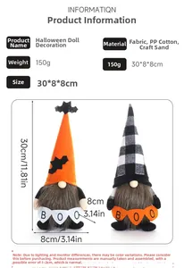 Detaillierte Größenangaben für Halloween-Zwerge mit orangefarbenen Fledermaushüten und Bannern