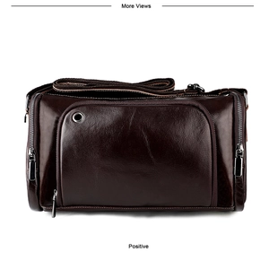 Vue détaillée du sac bandoulière en cuir marron foncé avec fermetures éclair argentées
