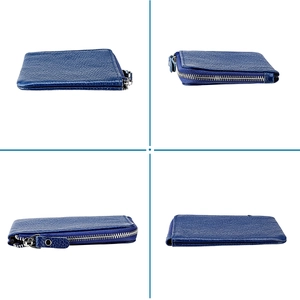 Detailweergave vanuit vier hoeken van de blauwe leren pasjeshouder met een zilveren rits