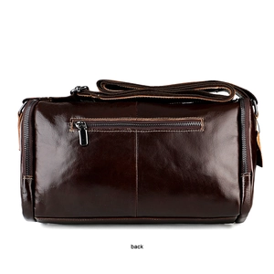 Vue arrière du sac bandoulière en cuir véritable marron foncé avec poche zippée