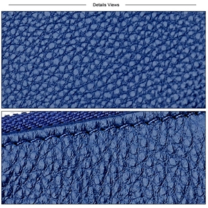 Macro-details van blauw kiezelnerfleer en precisiestiksel op de kleine portemonnee