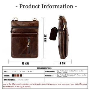 Detailed size chart for dark brown leather shoulder bag measuring 21x16x4cm with dimensions