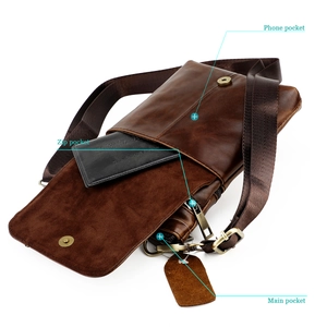 Detail view of leather shoulder bag compartments including phone and zip pockets