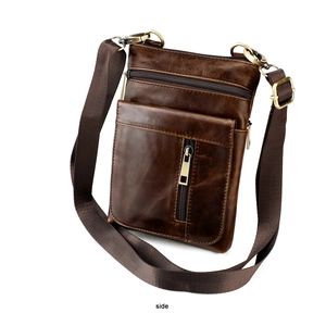 Side view of dark brown genuine leather messenger bag with vintage oil-wax finish