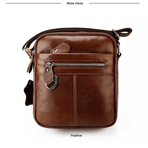 Vue avant de la sacoche en cuir véritable marron montrant le grain de cuir et le zip en métal