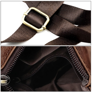 Macro shot of durable nylon strap with bronze buckle and interior leather bag compartments