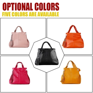 Collage showing various colors of leather handbags with tassels and handle details