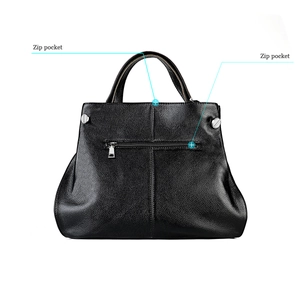 Detail of black textured leather handbag showing multiple zip pocket compartments