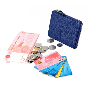 Donkerblauwe leren ritsportemonnee met litchi textuur voor munten en diverse pasjes