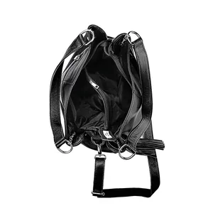 Top view of black pebbled leather handbag interior with multi-layered compartments