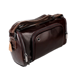 Sac bandoulière homme en cuir marron foncé avec grande capacité et boucles argent