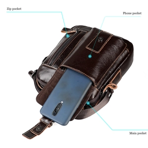 Vista dettagliata della borsa a tracolla in pelle con tasca zip e vano cellulare