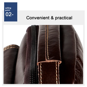 Vista macro di borsa in pelle marrone scuro con doppie cuciture gialle a contrasto