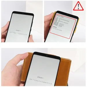 Macro view of brown crazy horse leather card wallet showing NFC chip reading function