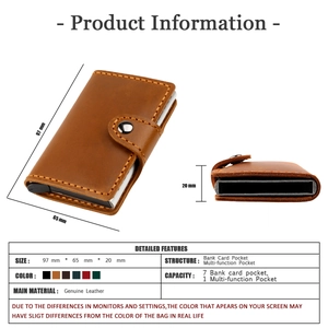 Detailed size specifications of brown crazy horse leather card holder with pop-up mechanism