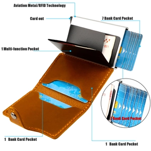 Detail view of RFID blocking pop-up card wallet showing leather slots and aviation metal