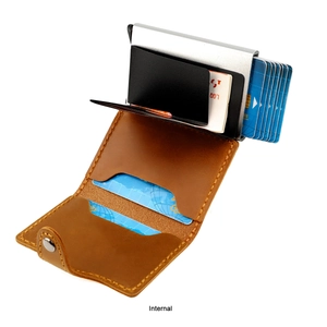Detail of vintage brown crazy horse leather wallet with RFID blocking metal card holder
