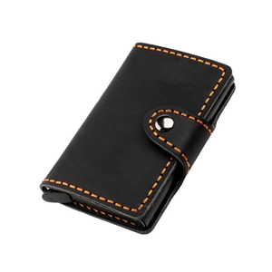 Detail view of black crazy horse leather card holder with orange stitching and pop-up button