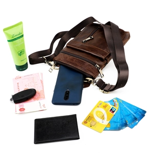 Deep brown genuine leather crossbody bag for men with multiple zipper compartments