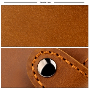 Detail of brown crazy horse leather wallet with stitching and silver metal snap button
