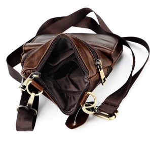 Vintage brown genuine leather messenger bag with multi-layer zipper compartments and strap