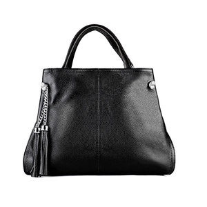 Classic black leather tote bag with lychee pattern and stylish tassel ornament