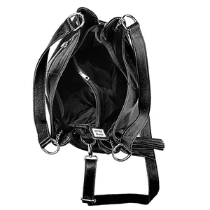 Black pebbled leather tote bag with three compartments and silver hardware