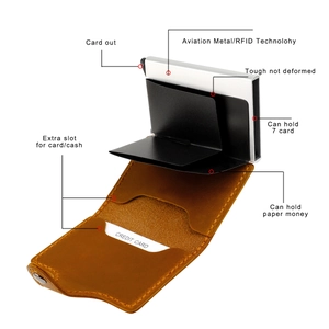Vintage brown leather RFID blocking metal wallet with automatic card ejection function