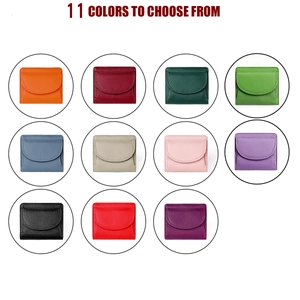 Mini pebbled leather wallets shown in 11 different colors with a minimalist flip cover