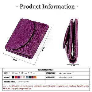 Detailed specs of purple pebbled leather wallet showing dimensions and 8 card slots
