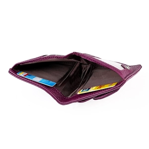 Detail view showing internal card slots and purple lychee grain leather of the mini wallet