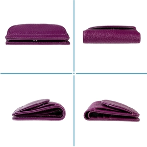 Detail view of purple lychee grain leather wallet showing compact card slots and stitching