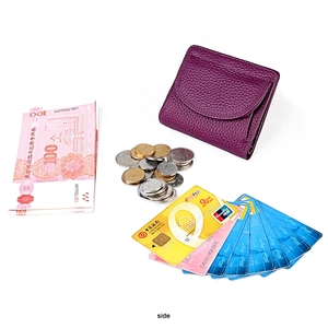 Detail view of purple lychee pattern leather mini wallet with multi-card slots and coin pocket