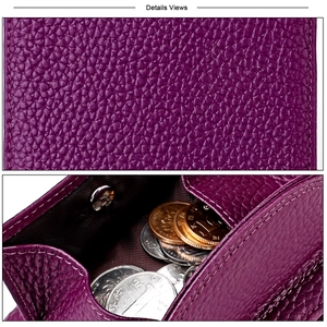 Detailed macro view of purple pebble grain leather wallet with metal snap and coins