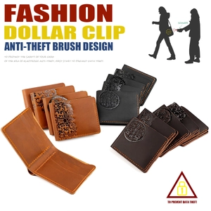 Macro view of RFID-blocking vintage crazy horse leather wallet with embossed coin patterns