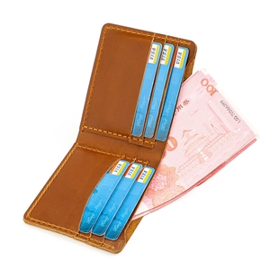 Detail view of brown crazy horse leather wallet with six card slots and cash pocket
