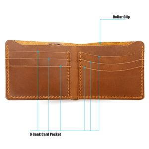 Detail view of brown crazy horse leather wallet with 6 card slots and a metal money clip