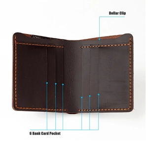 Detail view of brown crazy horse leather wallet with 6 card slots and a dollar clip