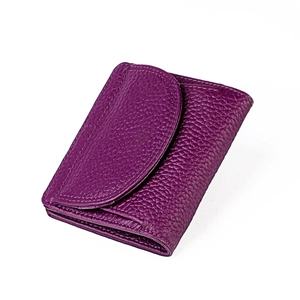 Minimalist deep purple pebble grain leather trifold wallet with white contrast stitching